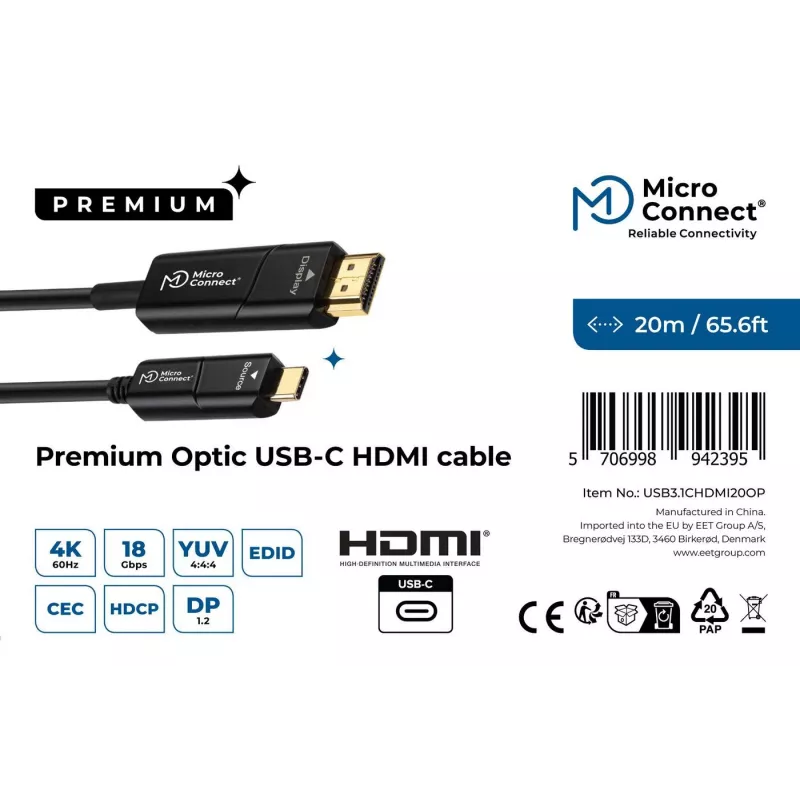 Microconnect USB3.1CHDMI20OP Videokabel-Adapter 20 m USB Typ-C HDMI Schwarz