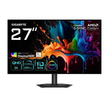 GIGABYTE MO27Q28G 27 Zoll OLED QHD Gaming-Monitor – 2560 x 1440, 280 Hz, 0,03 ms, 335 cd/m², DisplayHDR True Black 500, HDMI 2.1, DisplayPort 1.4