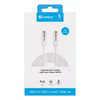Sandberg USB-C>C USB 3.2 Gen2 100W, 5m, 5 m, USB C, USB C, USB 3.2 Gen 2 (3.1 Gen 2), 10 Gbit/s, Weiß