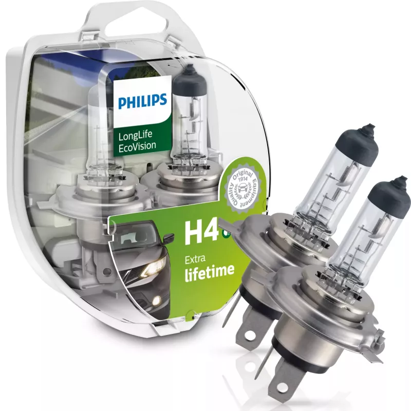 Philips LongLife EcoVision 12342LLECOS2 Längere Lebensdauer, 60 W, 12 V, H4, 3100 K, 2 Stk.