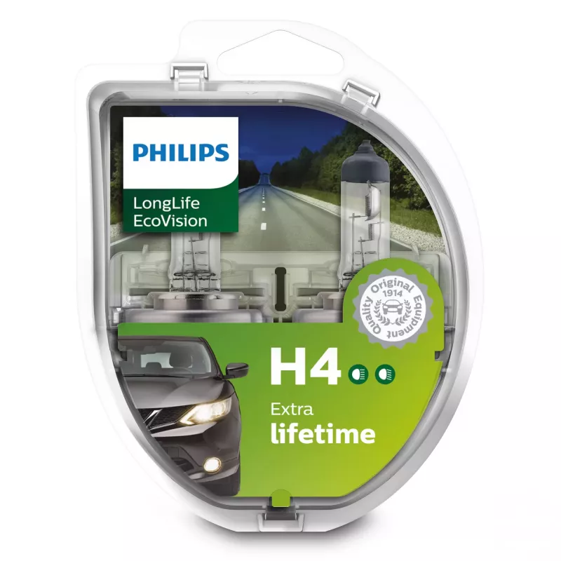 Philips LongLife EcoVision 12342LLECOS2 Längere Lebensdauer, 60 W, 12 V, H4, 3100 K, 2 Stk.