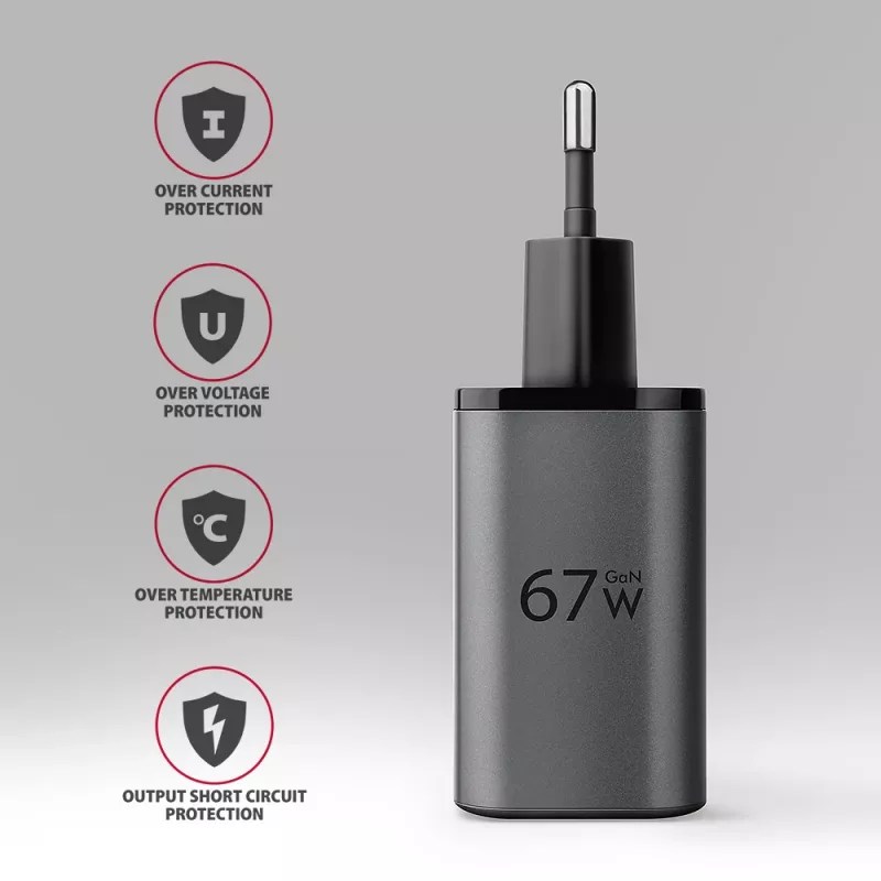 Netzteil AXAGON ACU-PQ67, 67W, PD3.0 + QC4+, 1x USB-C + 1x USB-A, 100–240V, grau/schwarz