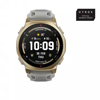 Smartwatch Amazfit T-rex 3 Pro 44 mm, 1,32 Zoll AMOLED 466×466, 16 GB, 64 MB RAM, GPS, Wi‑Fi, wasserdicht bis 45 m, Goldgehäuse, Graues Silikonarmband
