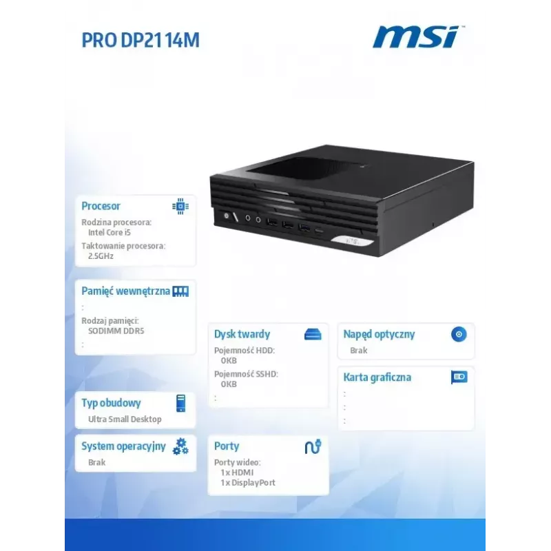 Desktop PC MSI PRO DP21 14M-243BEU — Intel Core i5-14400, Wi‑Fi, Bluetooth, Schwarz