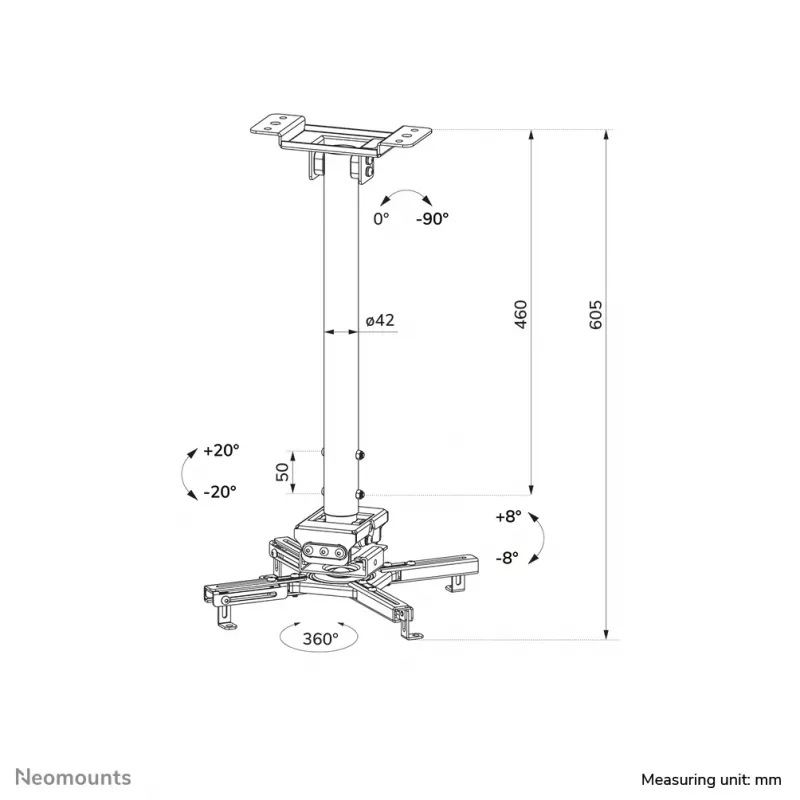 Neomounts CL25-540WH1 Beamer-Deckenhalterung – h 60,5–90,5 cm – einfache Montage – voll beweglich