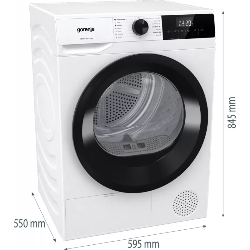 Gorenje Torktumlare DHNE82 BK040, Freistehend, Frontlader, Wärmepumpe, Weiß, Tasten, Drehregler, Rechts