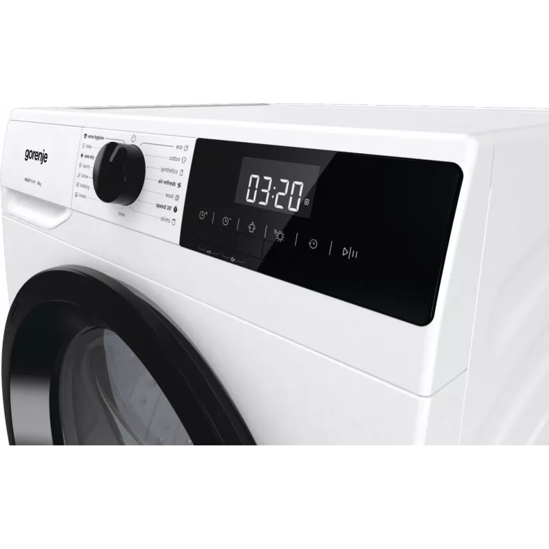 Gorenje Torktumlare DHNE82 BK040, Freistehend, Frontlader, Wärmepumpe, Weiß, Tasten, Drehregler, Rechts