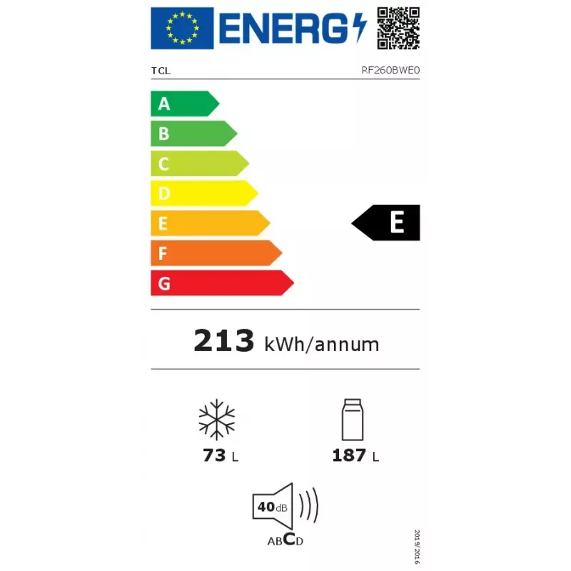TCL RF260BWE0 Freistehender Kühl-Gefrierschrank, 260 L, Energieklasse E, Weiß