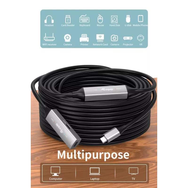 USB-C aktives Verlängerungskabel EQUIP 15 m, USB 3.2 Gen 1 (5 Gbps), Nickelkontakte, schwarz