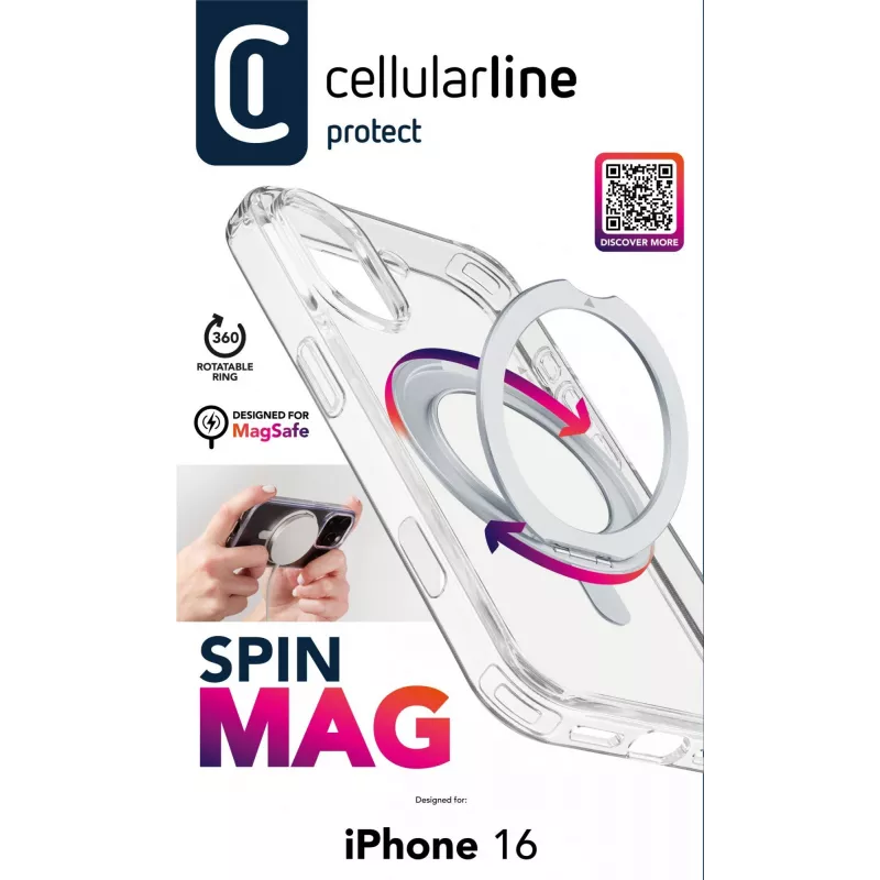 Cellularline Spin Mag - iPhone 16 Hülle mit drehbarem Ringhalter, kompatibel mit Magsafe-Ökosystem
