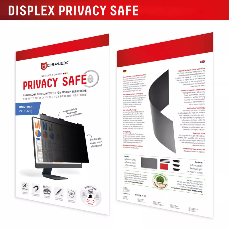 Displex PRIVACY SAFE abnehmbarer 2-Wege-Blickschutzfilter für Desktop-Monitor 24'' (16:9)