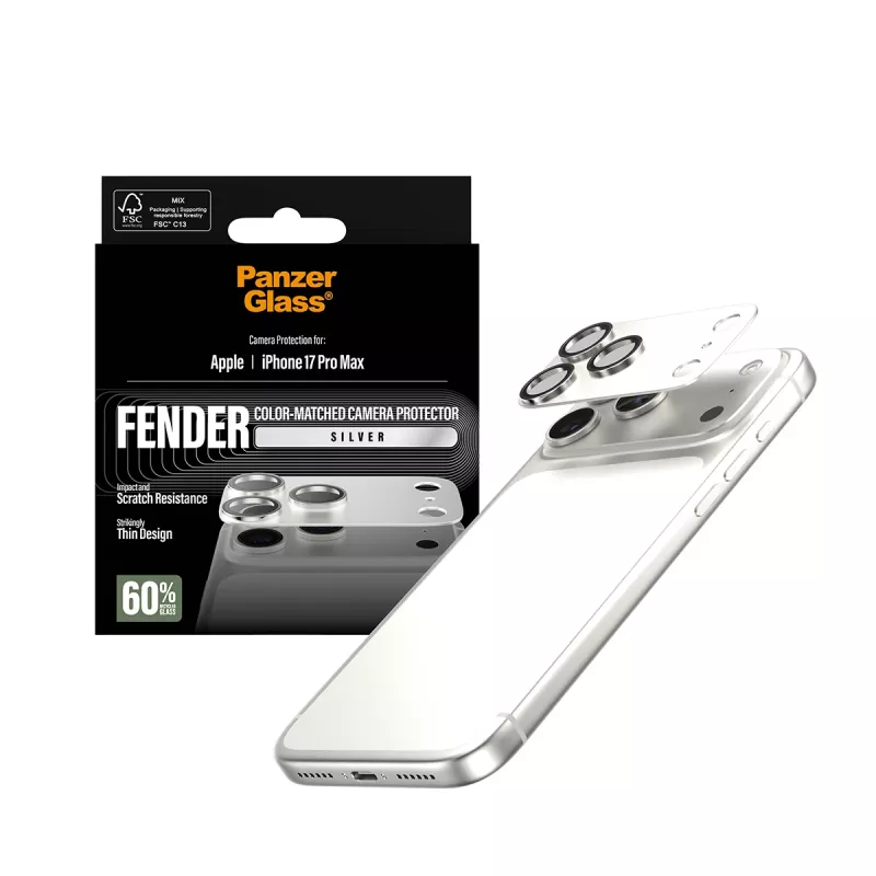 PanzerGlass Fender Kameraschutz für iPhone 17 Pro Max — Silikon, Silber, kratz- und stoßfest