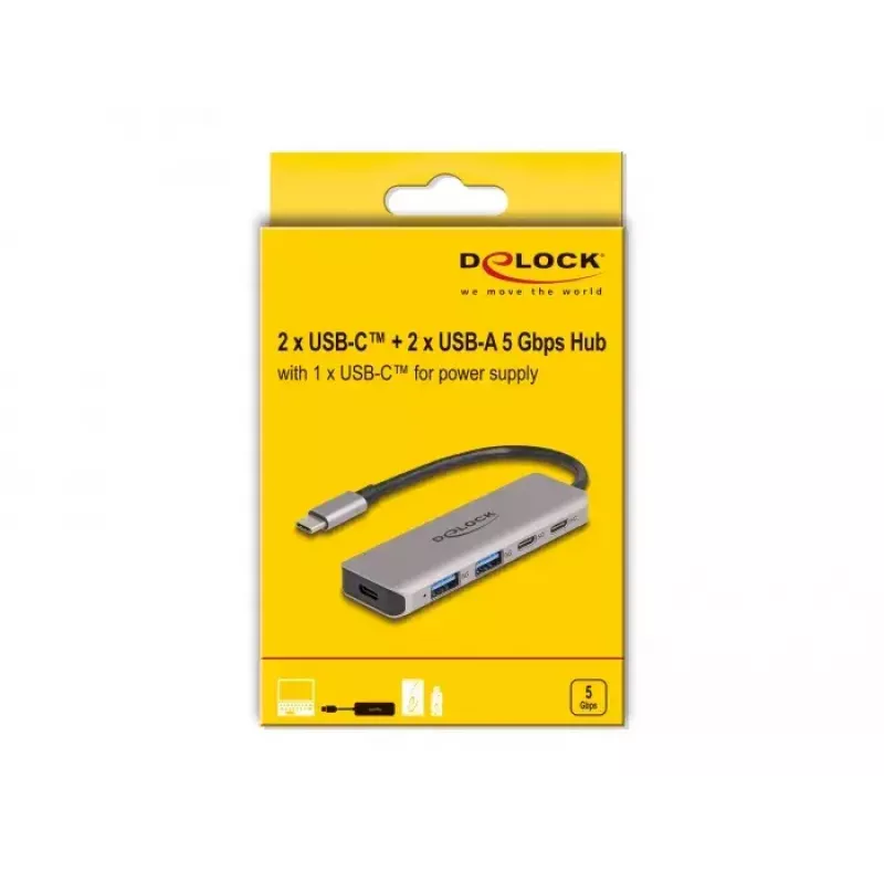 DeLOCK USB Hub 5 Gbps 2 Port USB Type-C und 2 Port Type-A Grau Metall