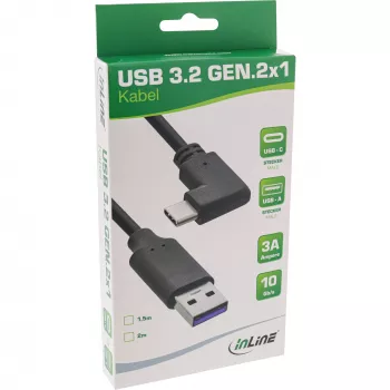 InLine USB 3.2 Kabel, USB-C Stecker abgewinkelt auf USB-A Stecker, schwarz, 2m