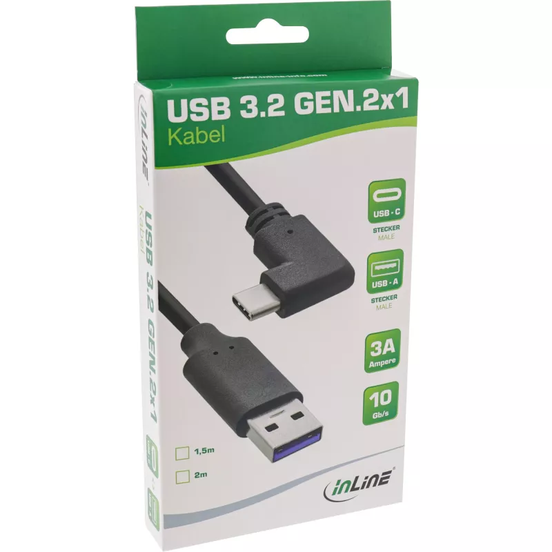 InLine USB 3.2 Kabel, USB-C Stecker abgewinkelt auf USB-A Stecker, schwarz, 2m