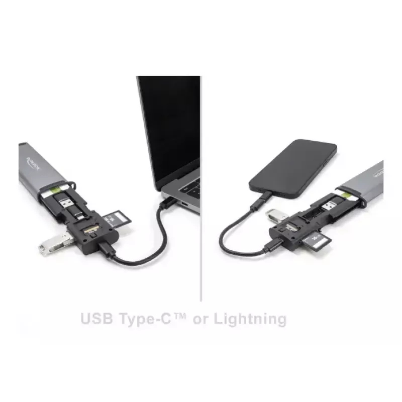 Kartenleser DELOCK USB 5 Gbps mit SD- und MicroSD-Steckplätzen, USB 3.2 Gen 1 Typ-A/Typ-C, Kabel und Adapter, schwarz/grau
