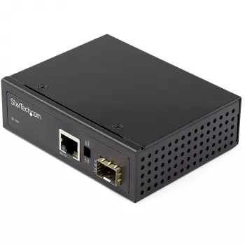 StarTech.com Industrieller Glasfaser-zu-Ethernet-Medienkonverter – 10/100/1000 Mbit/s SFP auf RJ45/Cat6 – Singlemode/Multimode optische Faser zu Kupfer Gigabit-Netzwerk – 12-56V DC – IP-30/ -40 bis +75°C