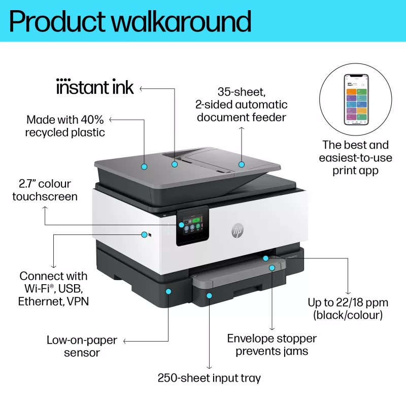 HP OfficeJet Pro 9122e Wireless All-in-One Color Printer, Instant Ink; Two-sided printing