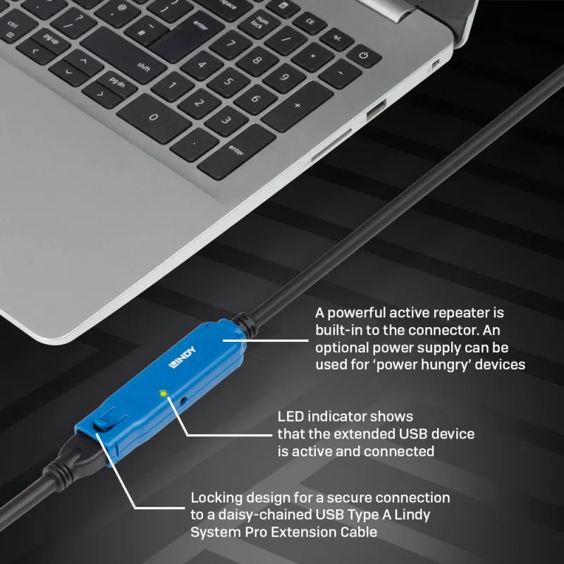 Lindy 5m USB 3.2 Gen 1 C/A Active Extension Pro, 5 m, USB C, USB A, USB 3.2 Gen 1 (3.1 Gen 1), Schwarz