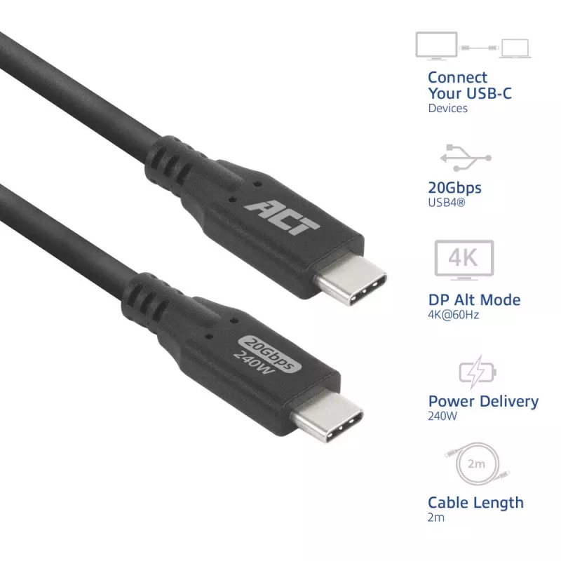 ACT USB4 20Gbps 240W USB Type-C-Kabel, 2 Meter, 2 m, USB C, USB C, USB4 Gen 2x2, 20 Gbit/s, Schwarz
