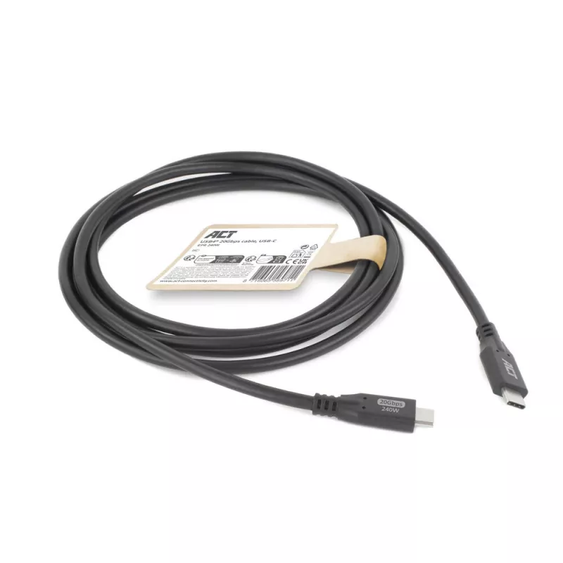 ACT USB4 20Gbps 240W USB Type-C-Kabel, 2 Meter, 2 m, USB C, USB C, USB4 Gen 2x2, 20 Gbit/s, Schwarz