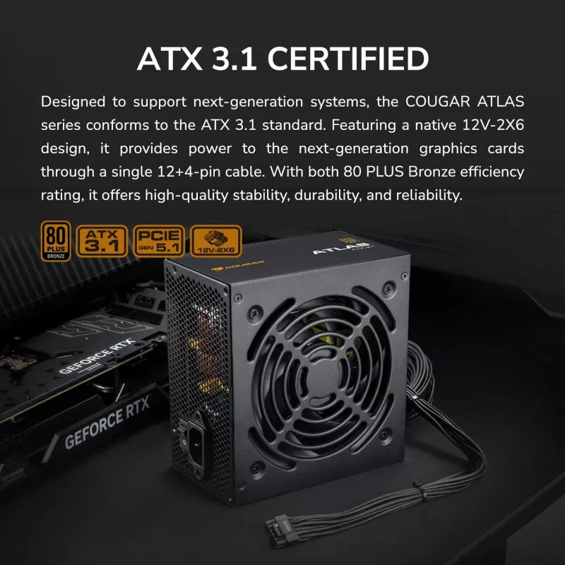 Netzteil Cougar ATLAS 650W ATX3.1 80 PLUS Bronze, 24-Pin-ATX, 120-mm-Lüfter, schwarz