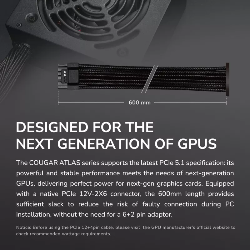 Netzteil Cougar ATLAS 650W ATX3.1 80 PLUS Bronze, 24-Pin-ATX, 120-mm-Lüfter, schwarz