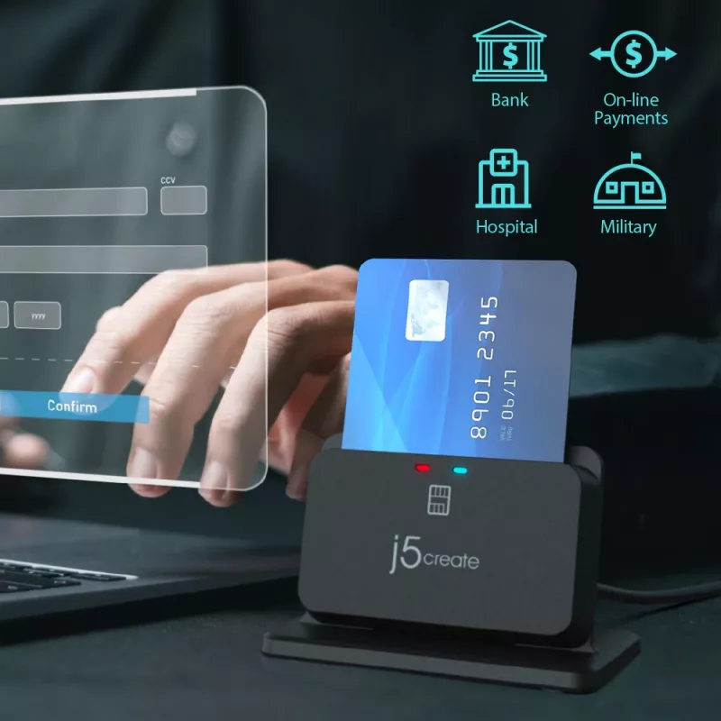 j5create JUR261 USB™ Smart Card / CAC Reader Stand, USB Type-A/USB Type-C, Schwarz, 95 g