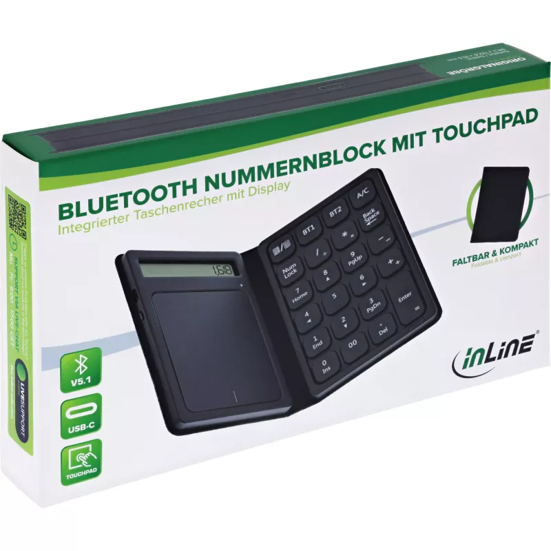 InLine 55379G Bluetooth-Ziffernblock mit Touchpad und Display, faltbar, Schwarz