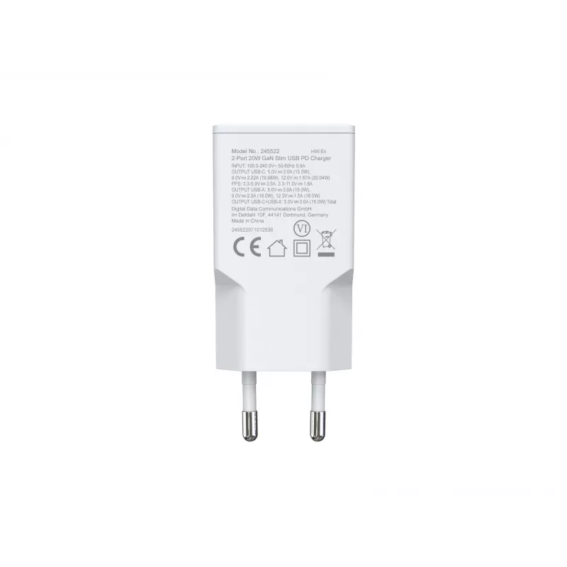 EQUIP 2‑Port 20W GaN schlank USB PD Ladegerät — USB‑C x1, USB‑A x1, Eingang 100–240V, Max. Ausgang 12V, Weiß