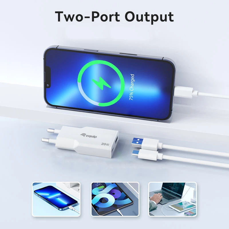 EQUIP 2‑Port 20W GaN schlank USB PD Ladegerät — USB‑C x1, USB‑A x1, Eingang 100–240V, Max. Ausgang 12V, Weiß