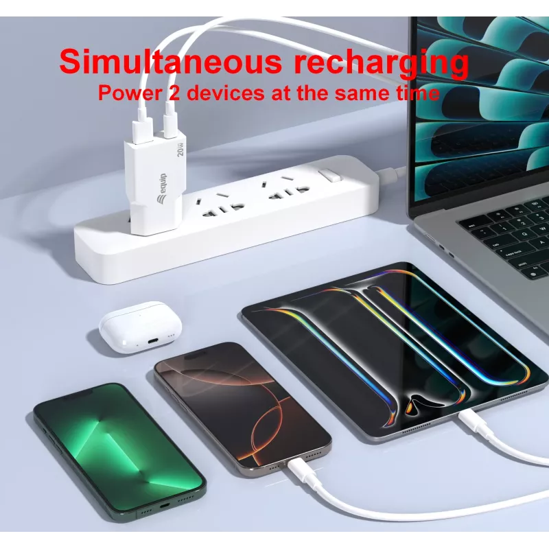 EQUIP 2‑Port 20W GaN schlank USB PD Ladegerät — USB‑C x1, USB‑A x1, Eingang 100–240V, Max. Ausgang 12V, Weiß