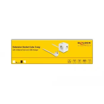 DeLOCK 11497 3-fach Steckdosenwürfel mit 1,5 m Verlängerungskabel, USB-Ladegerät, Kindersicherung, Weiß