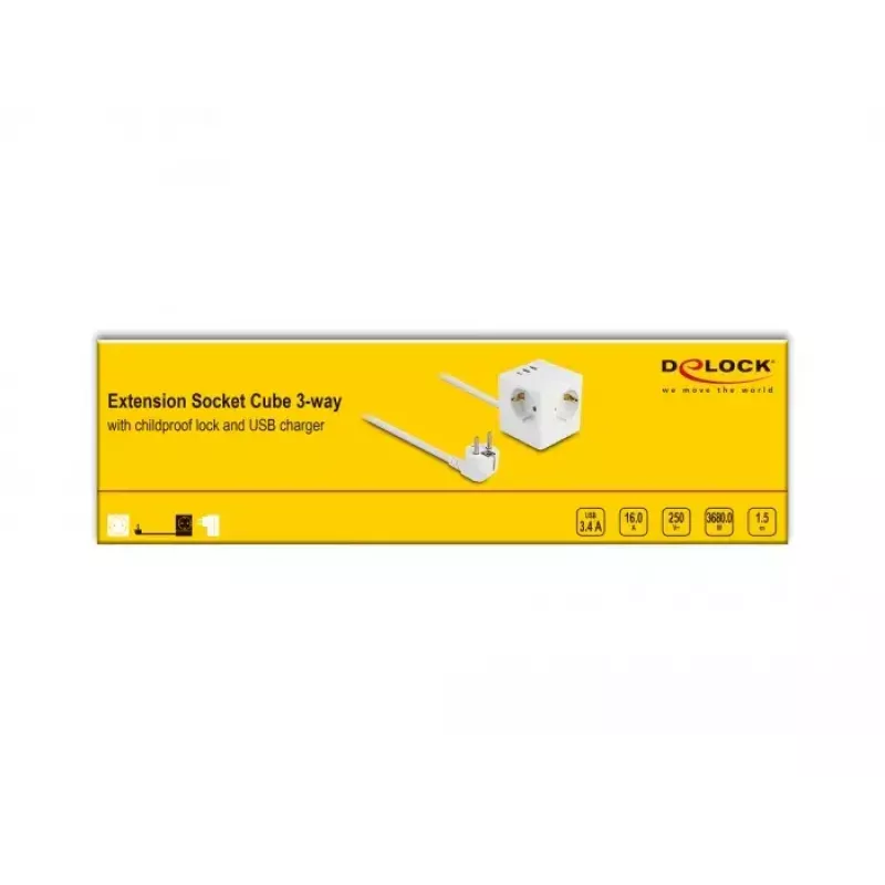 DeLOCK 11497 3-fach Steckdosenwürfel mit 1,5 m Verlängerungskabel, USB-Ladegerät, Kindersicherung, Weiß
