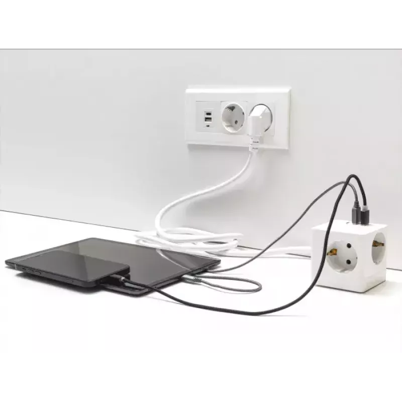 DeLOCK 11497 3-fach Steckdosenwürfel mit 1,5 m Verlängerungskabel, USB-Ladegerät, Kindersicherung, Weiß