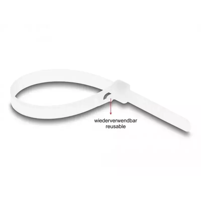 DeLOCK wiederverwendbare Kabelbinder, 200 x 7.2 mm, weiß, 100 Stück