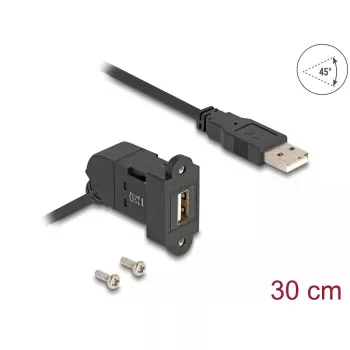 DeLOCK USB 2.0 Typ-A Panelmount Buchse 45° abgewinkelt auf Typ-A Stecker 30 cm Kabel schwarz