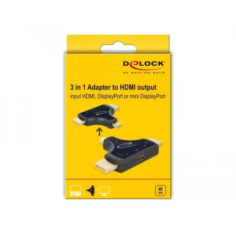 DeLOCK 64059 3-in-1 Monitor-Adapter, HDMI / DisplayPort / mini DisplayPort Eingang zu HDMI Ausgang, 4K 60 Hz, Schwarz