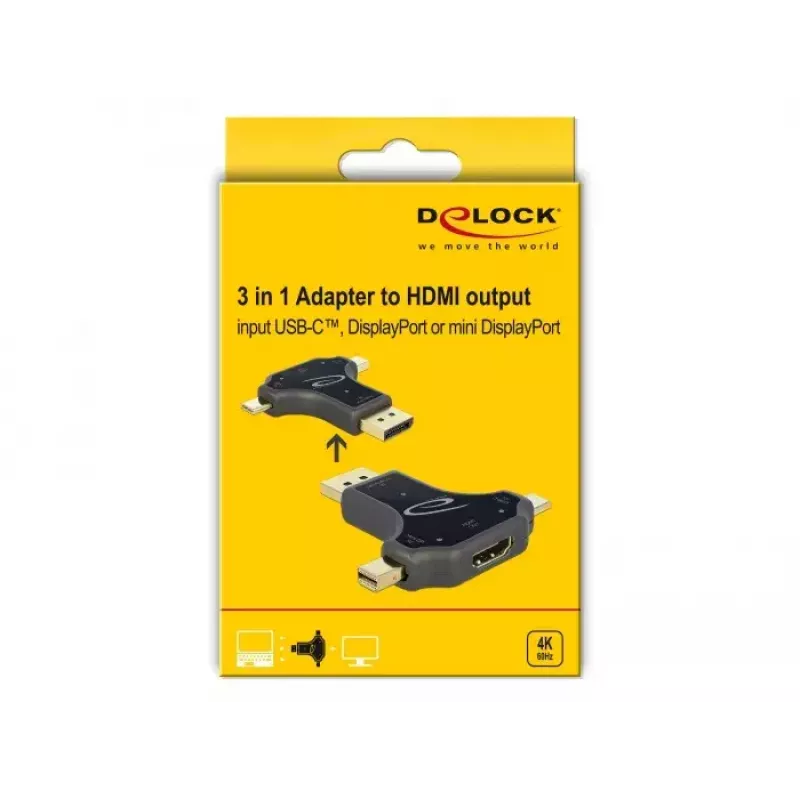 DeLOCK 64060 3-in-1 Monitor-Adapter, USB-C / DisplayPort / mini DisplayPort Eingang zu HDMI Ausgang, 4K 60 Hz, Schwarz