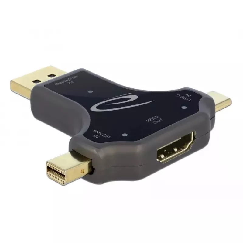 DeLOCK 64060 3-in-1 Monitor-Adapter, USB-C / DisplayPort / mini DisplayPort Eingang zu HDMI Ausgang, 4K 60 Hz, Schwarz