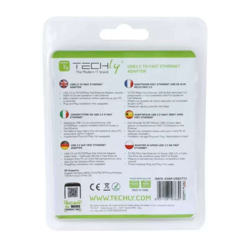 Techly USB2.0 zu Fast Ethernet 10/100 Mbit/s Konverter, Kabelgebunden, USB, Ethernet, 100 Mbit/s, Weiß