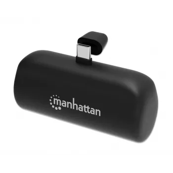 Manhattan Powerbank mit integriertem USB-C-Stecker, 5000 mAh, bis zu 20 W Ausgangsleistung, Kickstand zur Verwendung als Ladehandyhalter, Schwarz, ein Jahr Garantie