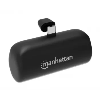 Manhattan Powerbank mit integriertem USB-C-Stecker, 5000 mAh, bis zu 20 W Ausgangsleistung, Kickstand zur Verwendung als Ladehandyhalter, Schwarz, ein Jahr Garantie
