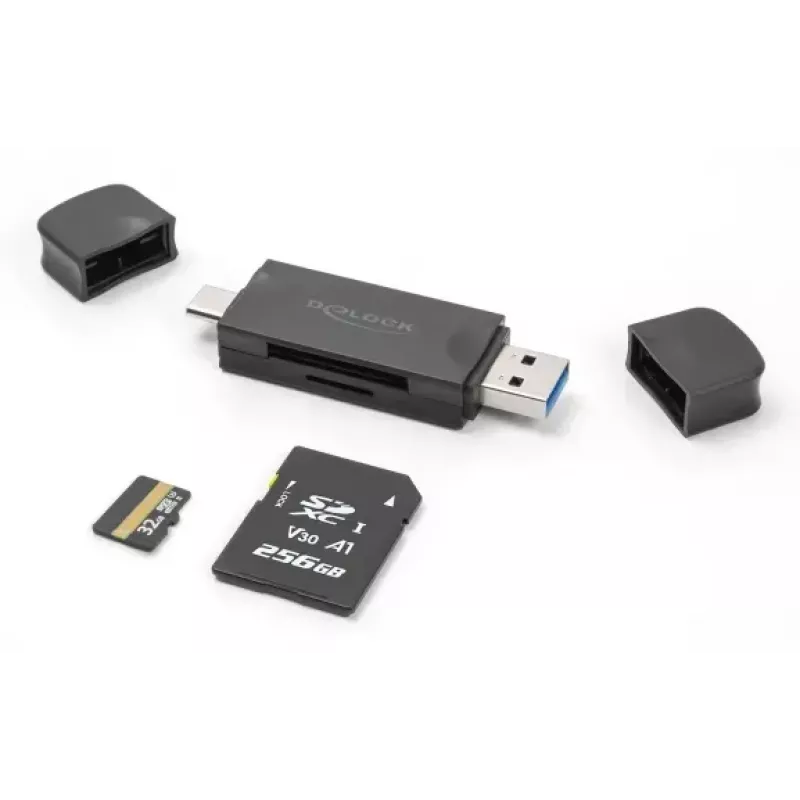 Kartenleser DELOCK USB 5 Gbps USB Type-C / Type-A für SD und MicroSD, Schwarz, 5000 Mbit/s, 21×77×10 mm
