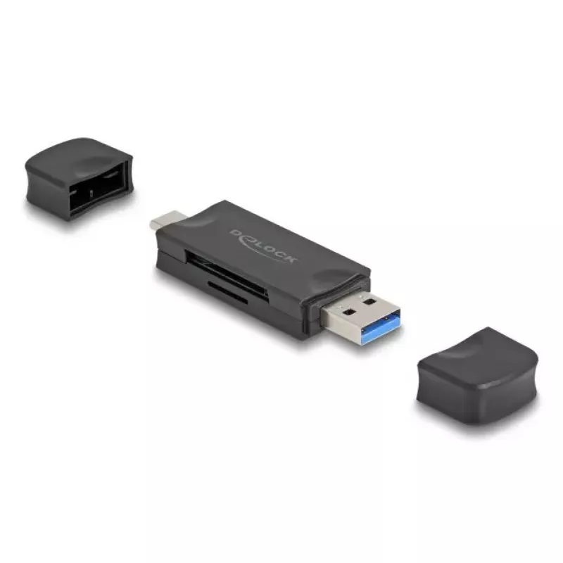 Kartenleser DELOCK USB 5 Gbps USB Type-C / Type-A für SD und MicroSD, Schwarz, 5000 Mbit/s, 21×77×10 mm