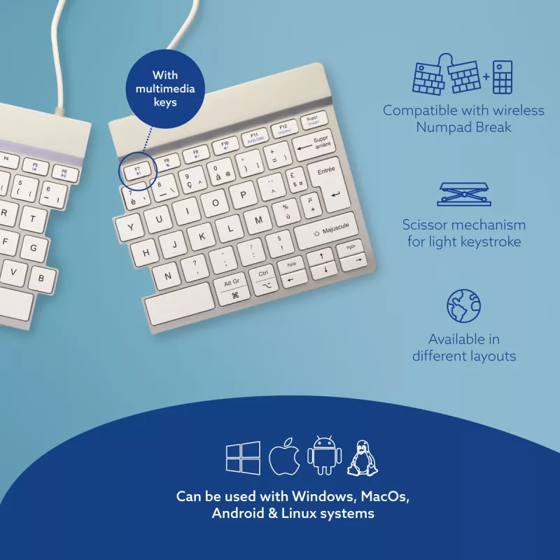 R-Go Tools Ergonomische Tastatur R-Go Split Break mit Pausensoftware, ergonomische geteilte Tastatur, AZERTY (FR), Bluetooth, weiß