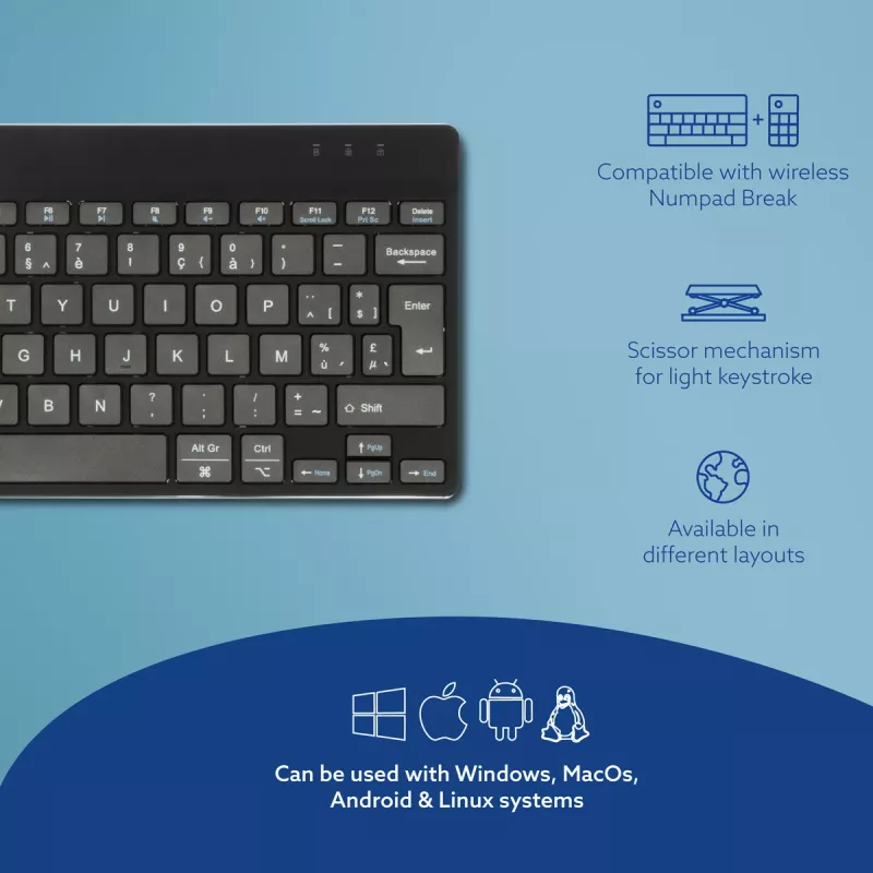 R-Go Tools Ergonomische Tastatur R-Go Compact Break, kompakte Tastatur mit Pausensoftware, AZERTY (BE), Bluetooth, Schwarz