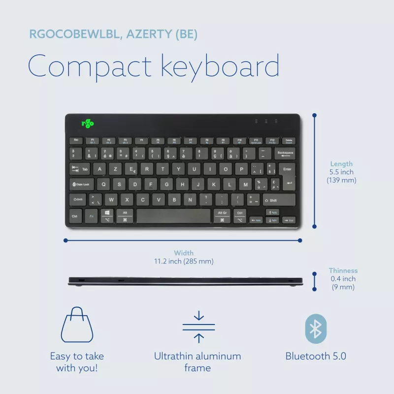 R-Go Tools Ergonomische Tastatur R-Go Compact Break, kompakte Tastatur mit Pausensoftware, AZERTY (BE), Bluetooth, Schwarz