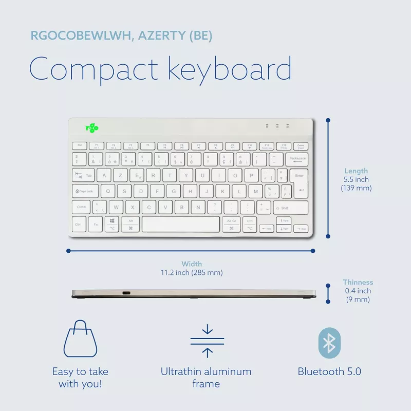 R-Go Tools Ergonomische Tastatur R-Go Compact Break, kompakte Tastatur mit Pausensoftware, AZERTY (BE), Bluetooth, weiß