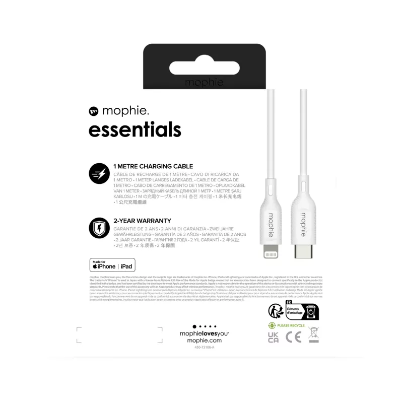 mophie essentials Lightning auf USB-C | Ladekabel (1M) Weiß